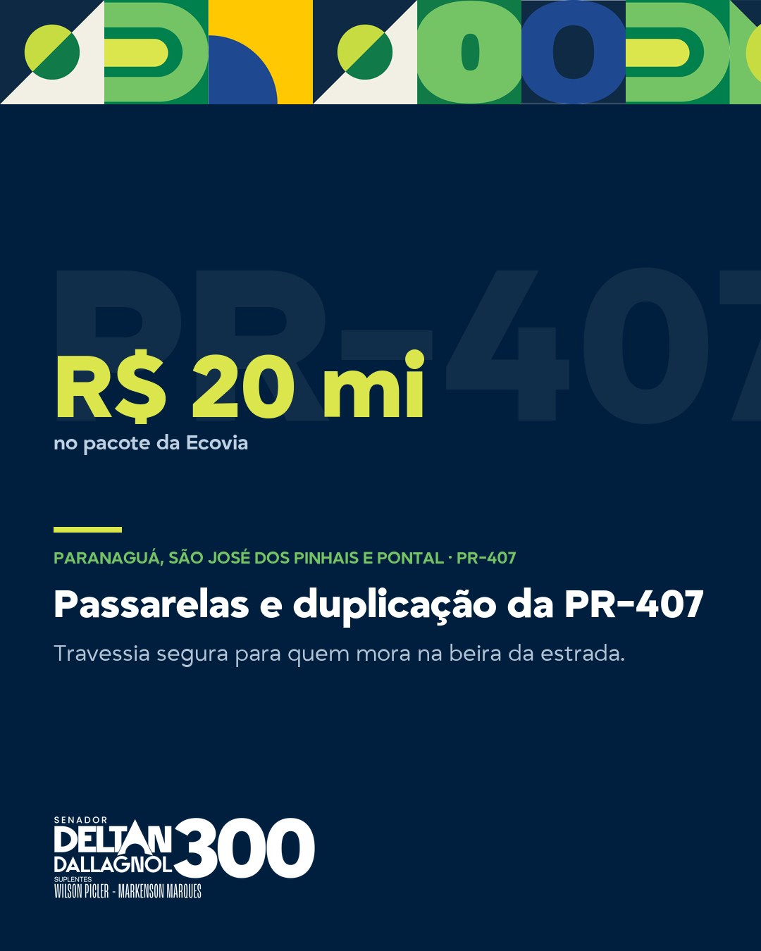 Card da obra Passarelas e duplicação da PR-407, em Paranaguá, São José dos Pinhais e Pontal